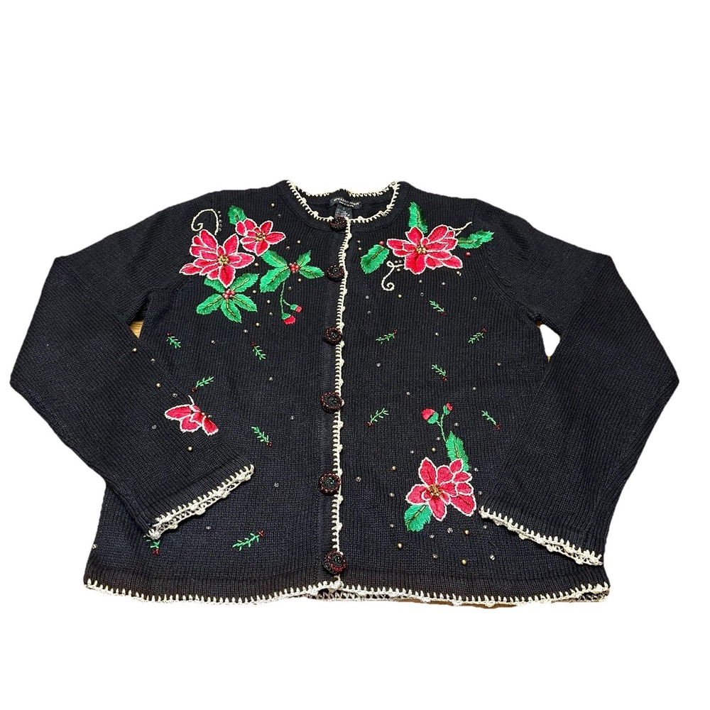 NWT Reference Point Black Cardigan Sweater Embellished Christmas‎ Poinsettia S